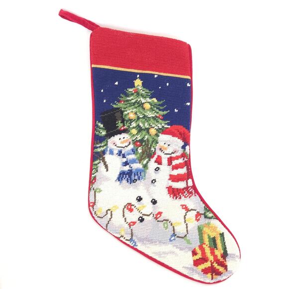 Christmas Stocking Snowman Needlepoint Wool Red Stuffer Holiday Mantel Decor 20" - Picture 2 of 9